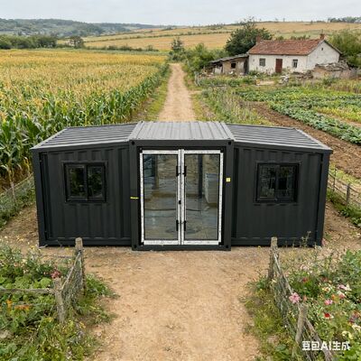 Contenedor plegable de 20 pies con dimensiones plegadas de 5900 × 2200 × 2480 (mm), piso de fibra de cemento ignífugo de 18 mm de espesor y 1 año de garantía